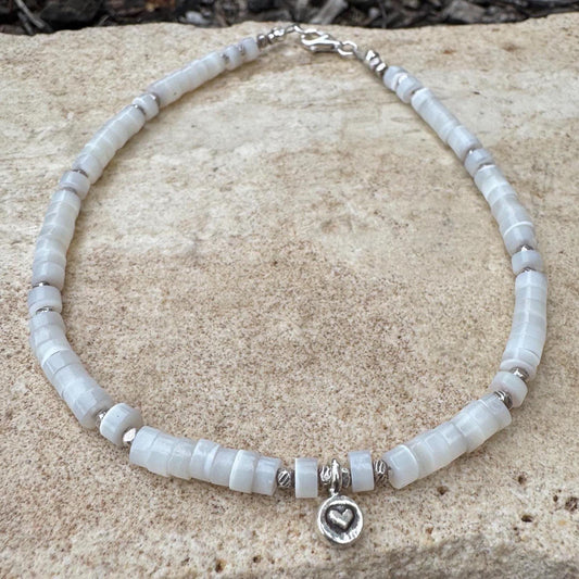 Mother of pearl sterling silver ankle bracelet with heart charm / ankle bracelet