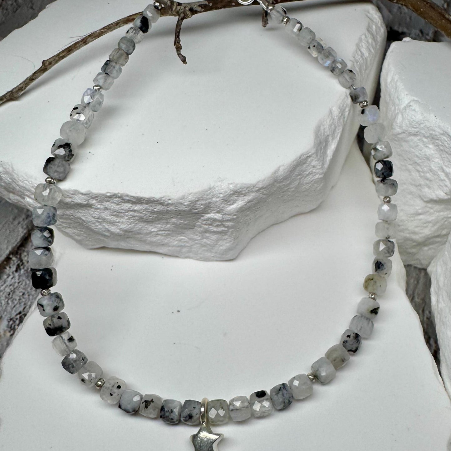 Sterling Silver Star Charm Anklet with Rainbow Moonstone and Black Tourmaline