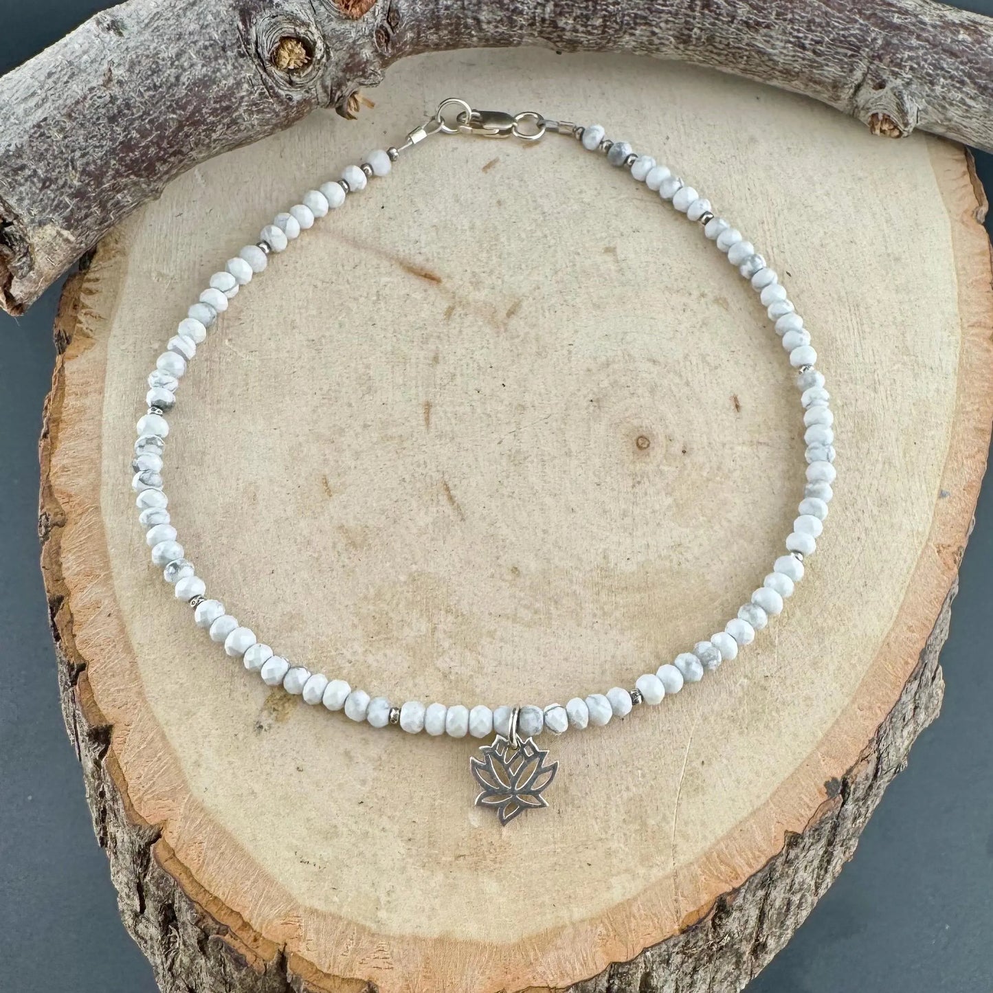 White Howlite Sterling Silver Anklet with Lotus Charm