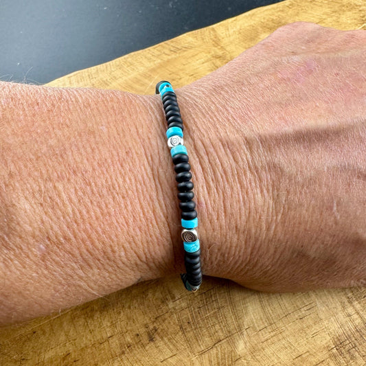 Black Onyx and Kingman Turquoise Bracelet – Sterling Silver Evil Eye or Feather Accents
