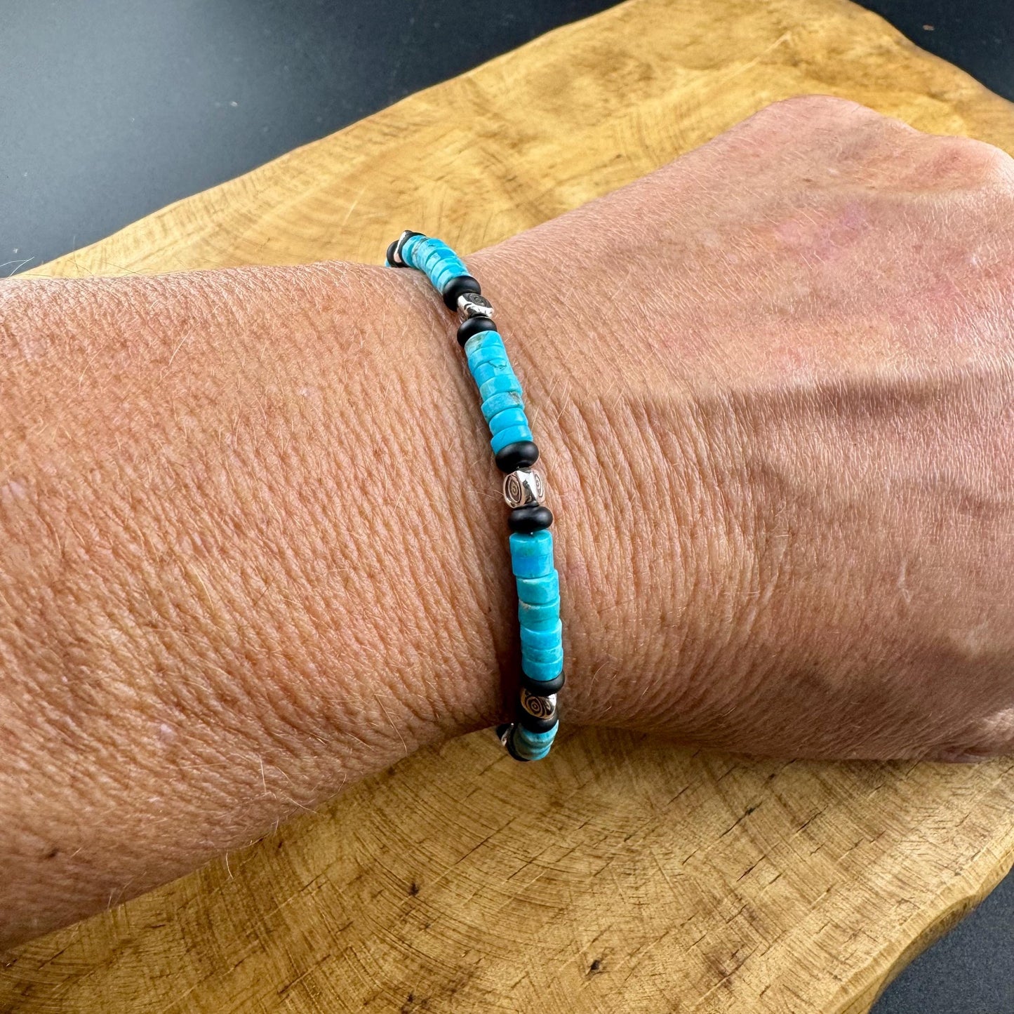 Kingman Turquoise & Black Onyx Bracelet – Sterling Silver Evil Eye or Feather Accents