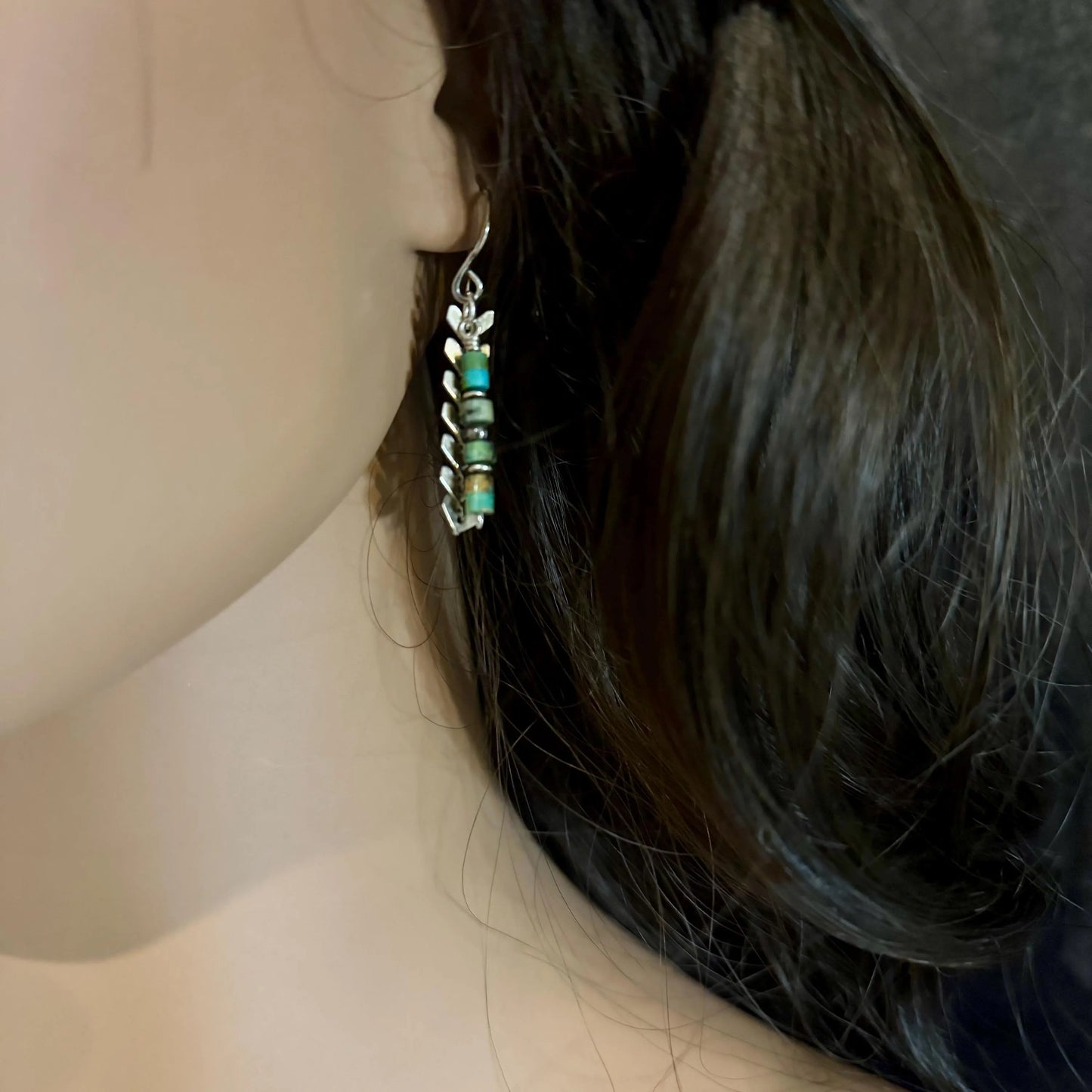 Navajo Pearls Turquoise Drop Earrings with Chevron Chain Dangle, Navajo Earrings, Turquoise Earrings, Turquoise Jewelry