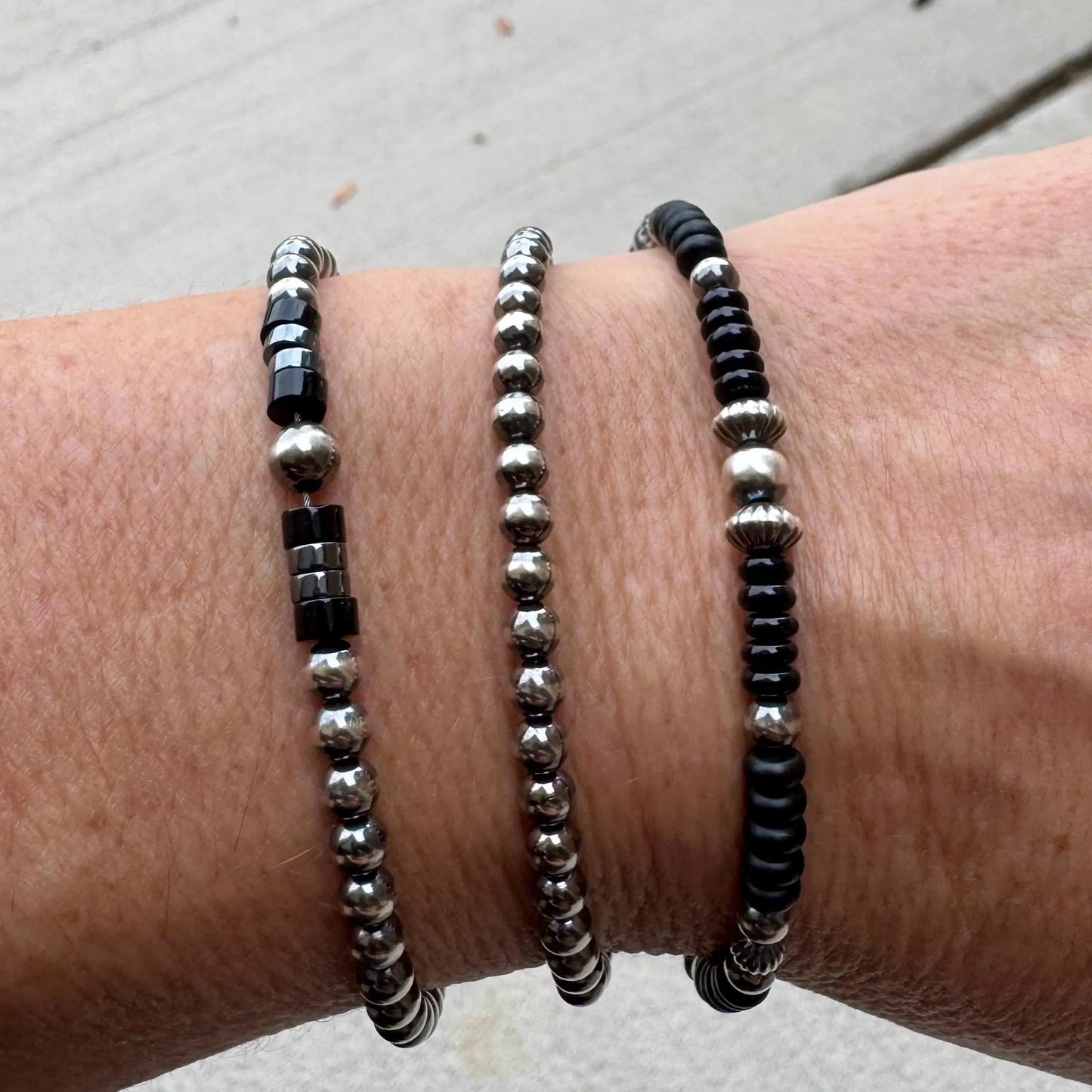 Navajo Pearl Bracelet Black Onyx Hematite Beaded Bracelet, Sterling Silver Gemstone Bracelet