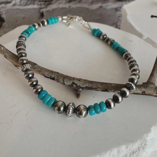 Turquoise Navajo Pearls Bracelet, Sterling Silver Arizona Turquoise Gemstone Bracelet