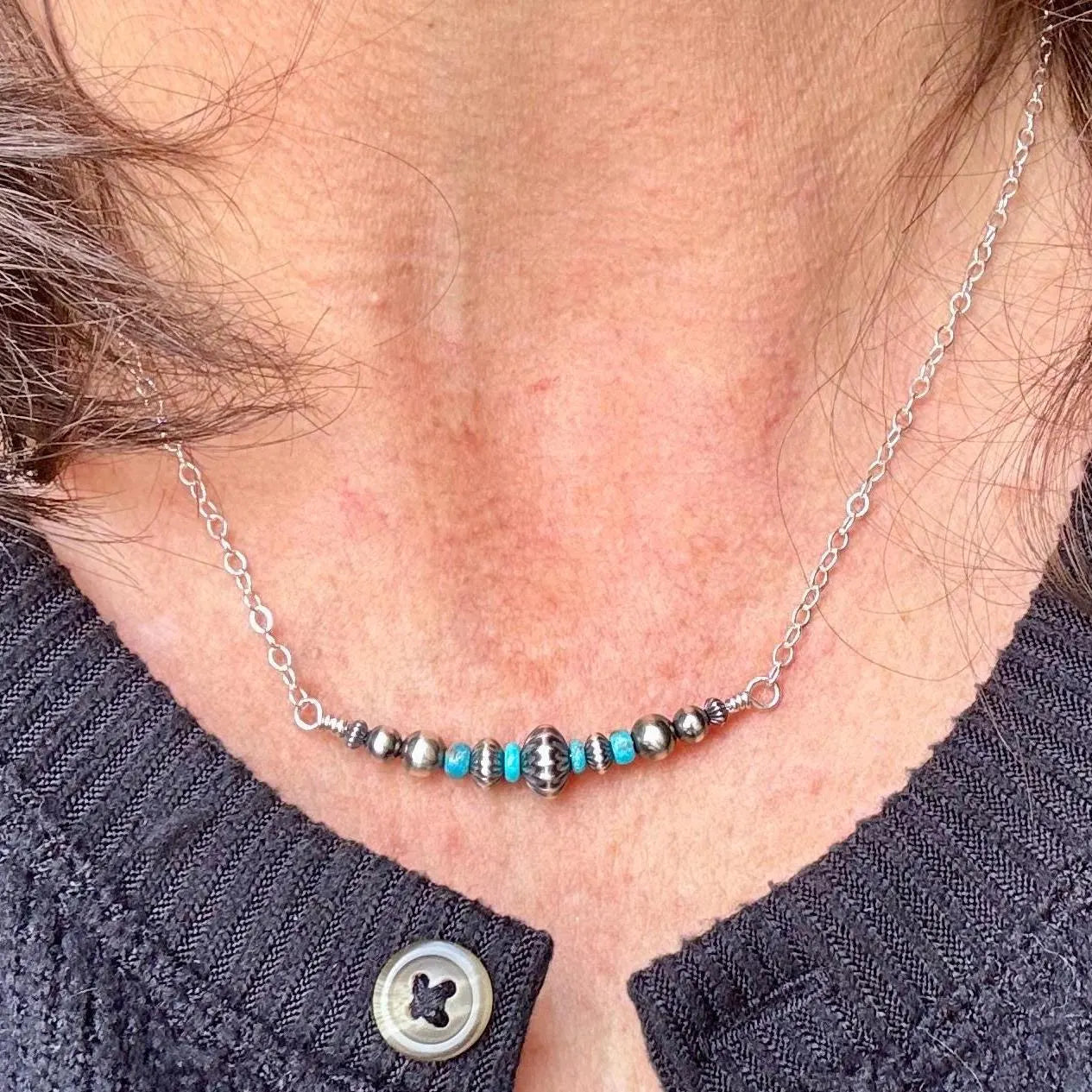 Arizona Turquoise Bar Necklace with Desert Pearls | Sterling Silver Southwestern Jewelry