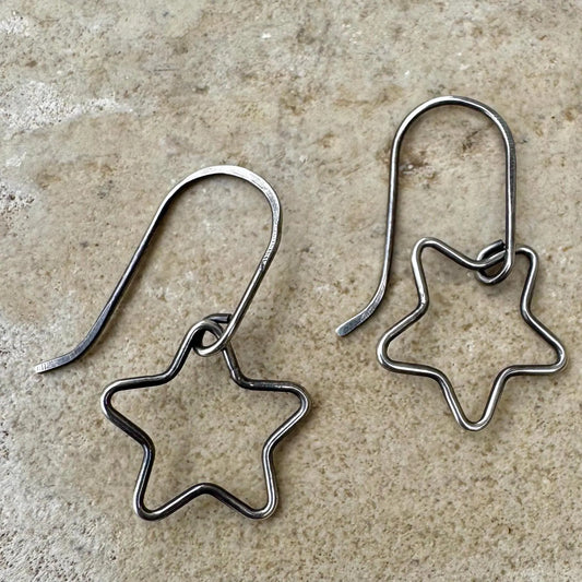 Sterling Silver Star Dangle Earrings • Minimalist Hand‑Forged Star Jewelry