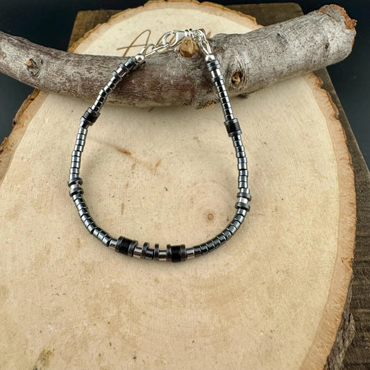 Hematite & Black Onyx Sterling Silver Bracelet – Grounding & Protection Jewelry | Stackable & Handcrafted