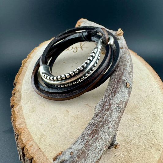 Silver Half Cuff & Square Leather Multi Wrap Bracelet | Artisan Jewelry