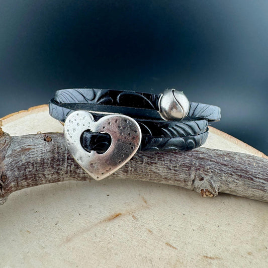 Leather Wrap Bracelet • Embossed Design • Silver Heart • Magnetic Clasp