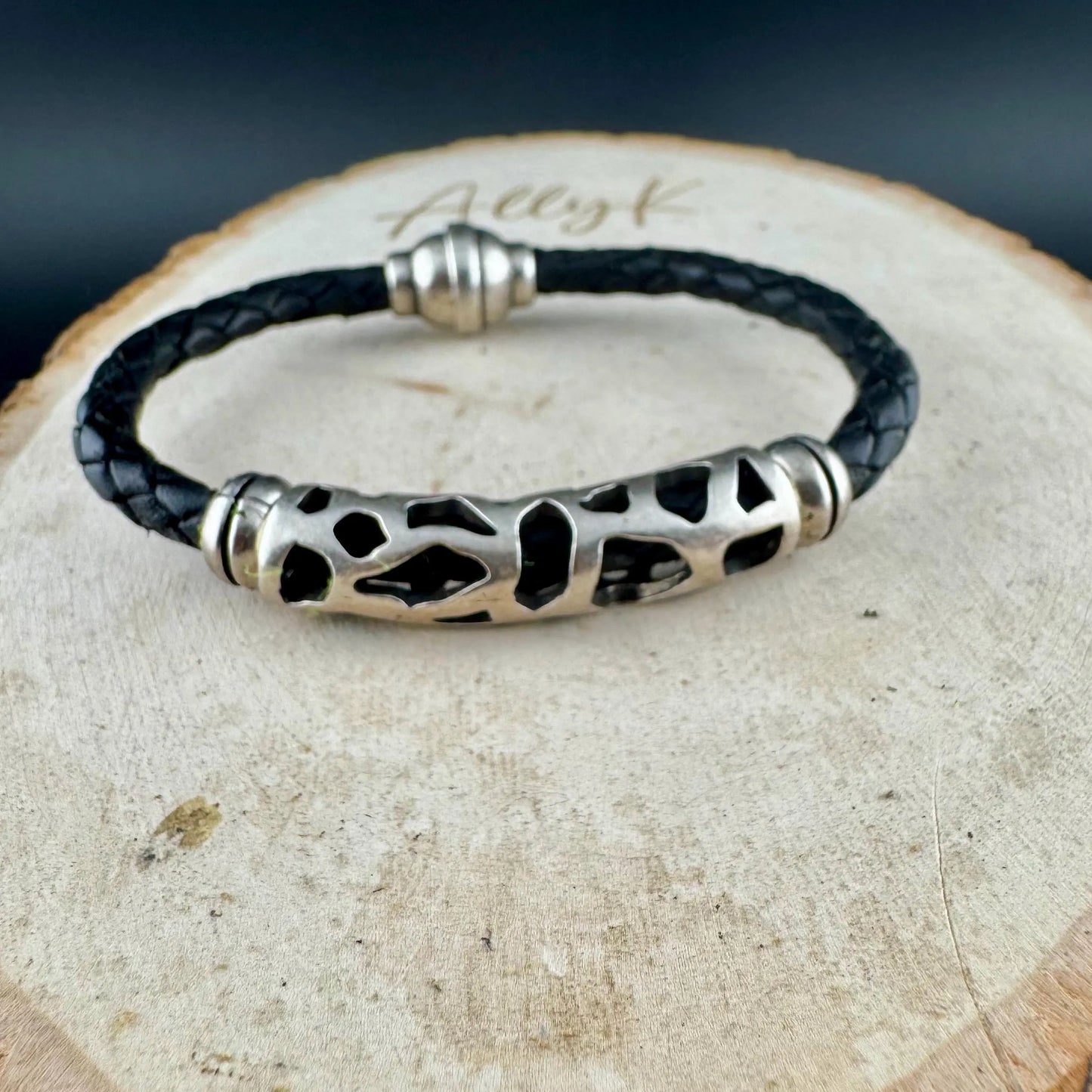 Braided Leather Bracelet with Silver Slider & Magnetic Clasp