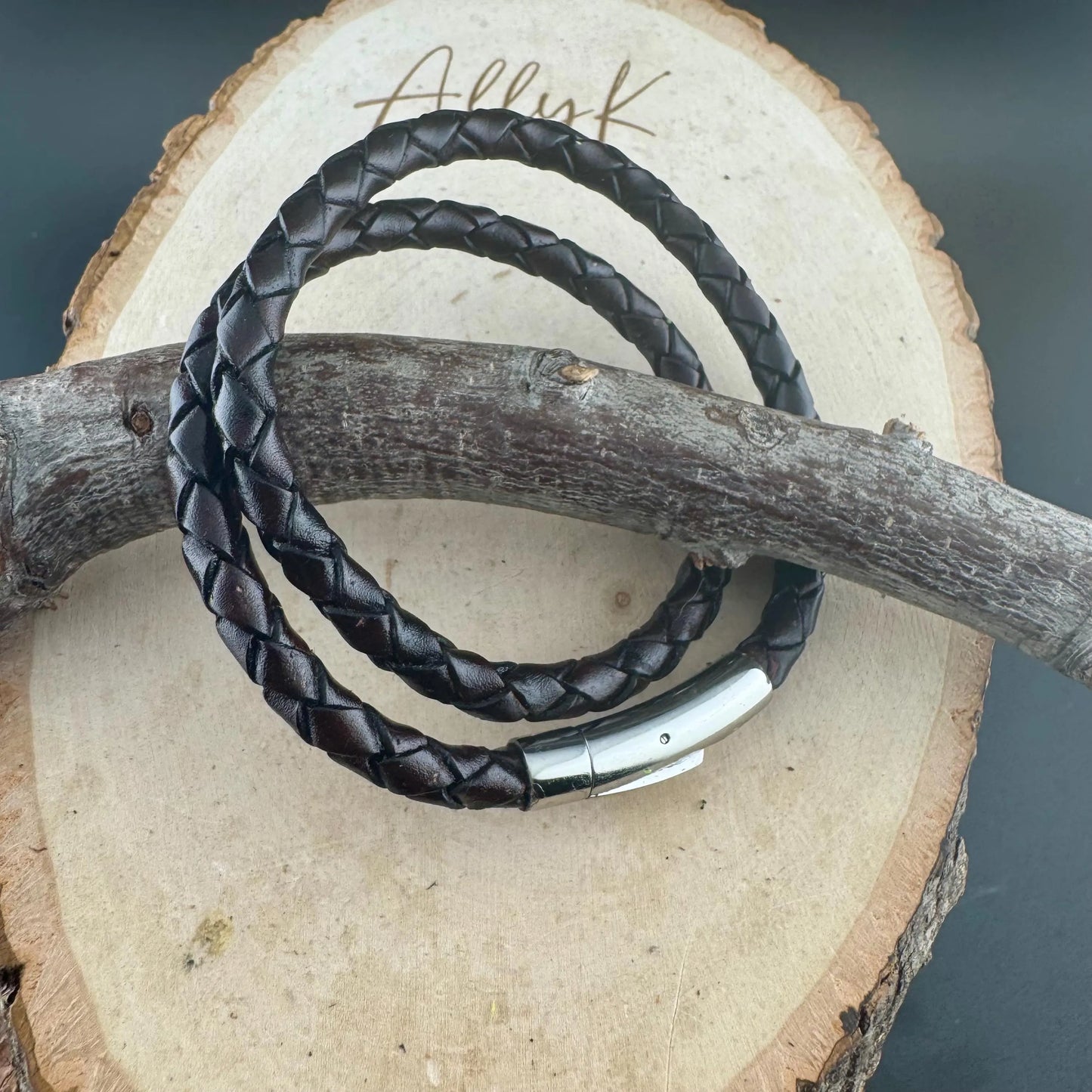 Braided leather wrap bracelet with bayonet closure/ double wrap genuine leather bracelet