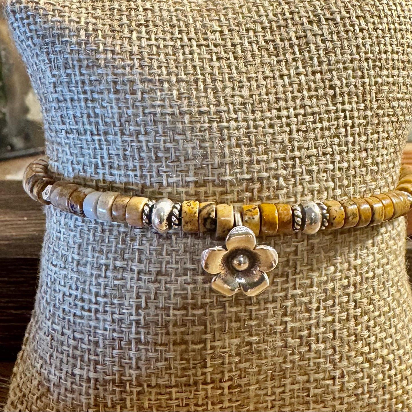 Picture Jasper Bracelet – Sterling Silver Flower Charm, Stackable Boho Gemstone Jewelry