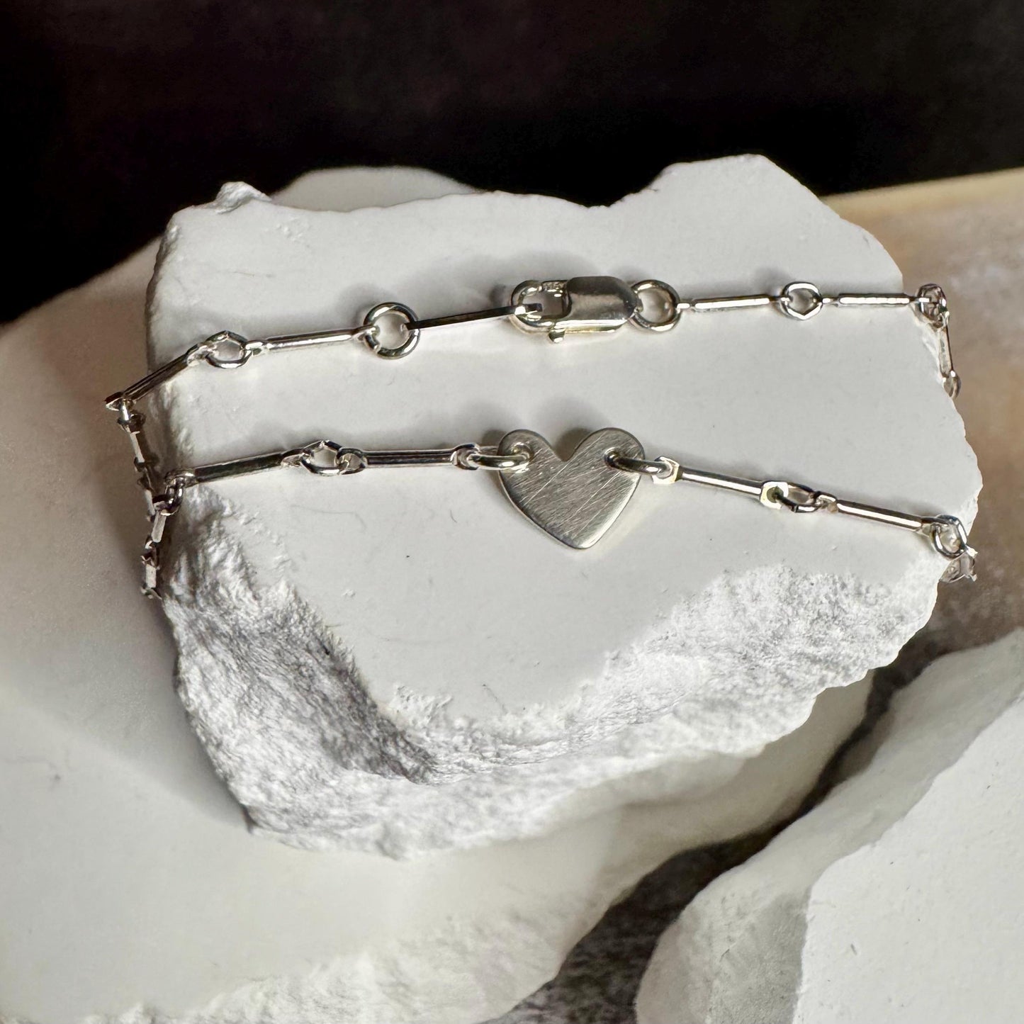 Sterling Silver Asymmetrical Heart Connector Bracelet – Bar & Ring Chain | Handmade Minimalist Jewelry