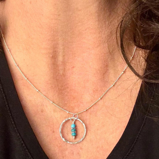 Arizona Turquoise Sterling Silver Necklace: Daisy Spacers, Circle Pendant