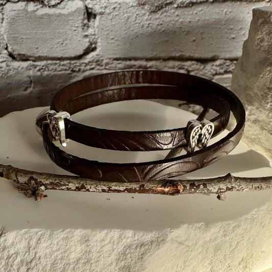Embossed Leather Wrap Bracelet with Magnetic Clasp & Angel Wing Accents