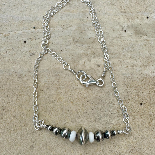 Navajo Pearl & White Turquoise Bar Necklace – Sterling Silver Cable Chain