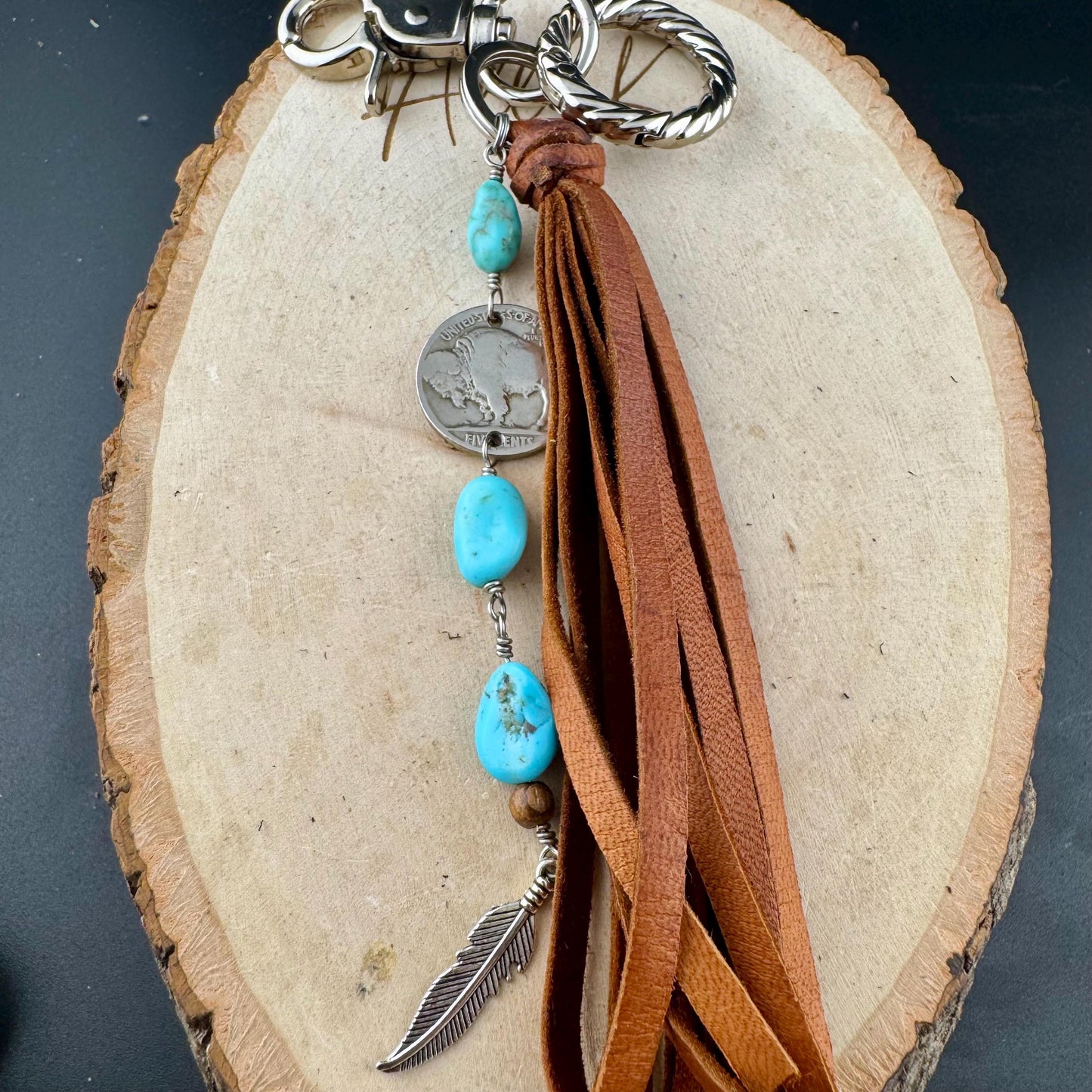 Leather Turquoise Purse Tassel Keychain with Indian Head Buffalo Nickel