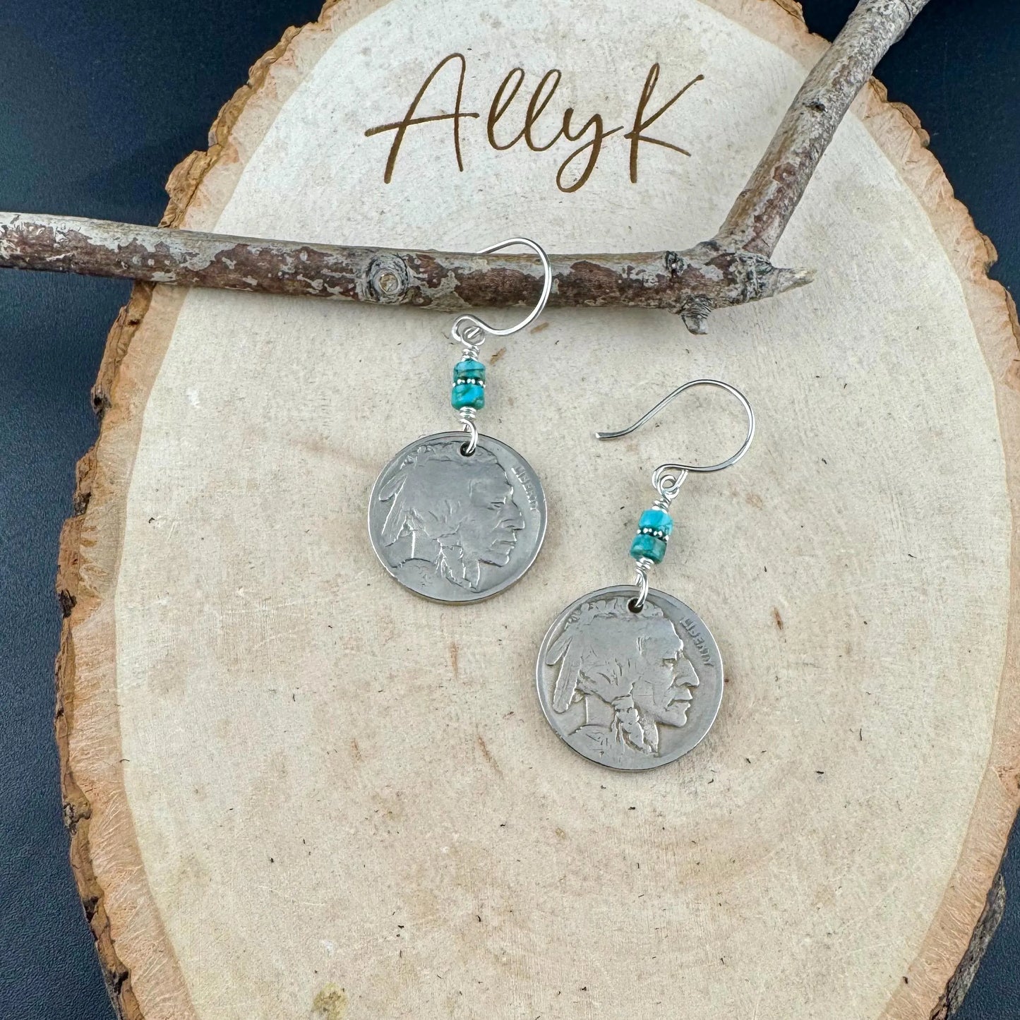 Southwestern Style Sterling Silver Earrings with Indian Buffalo Nickel and Turquoise