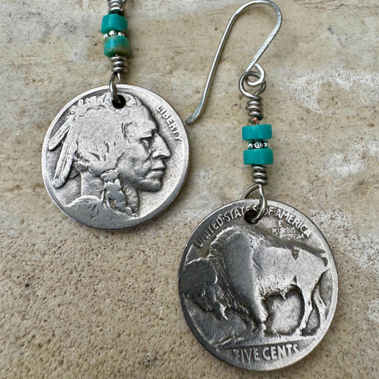 Southwestern Style Sterling Silver Earrings with Indian Buffalo Nickel and Turquoise