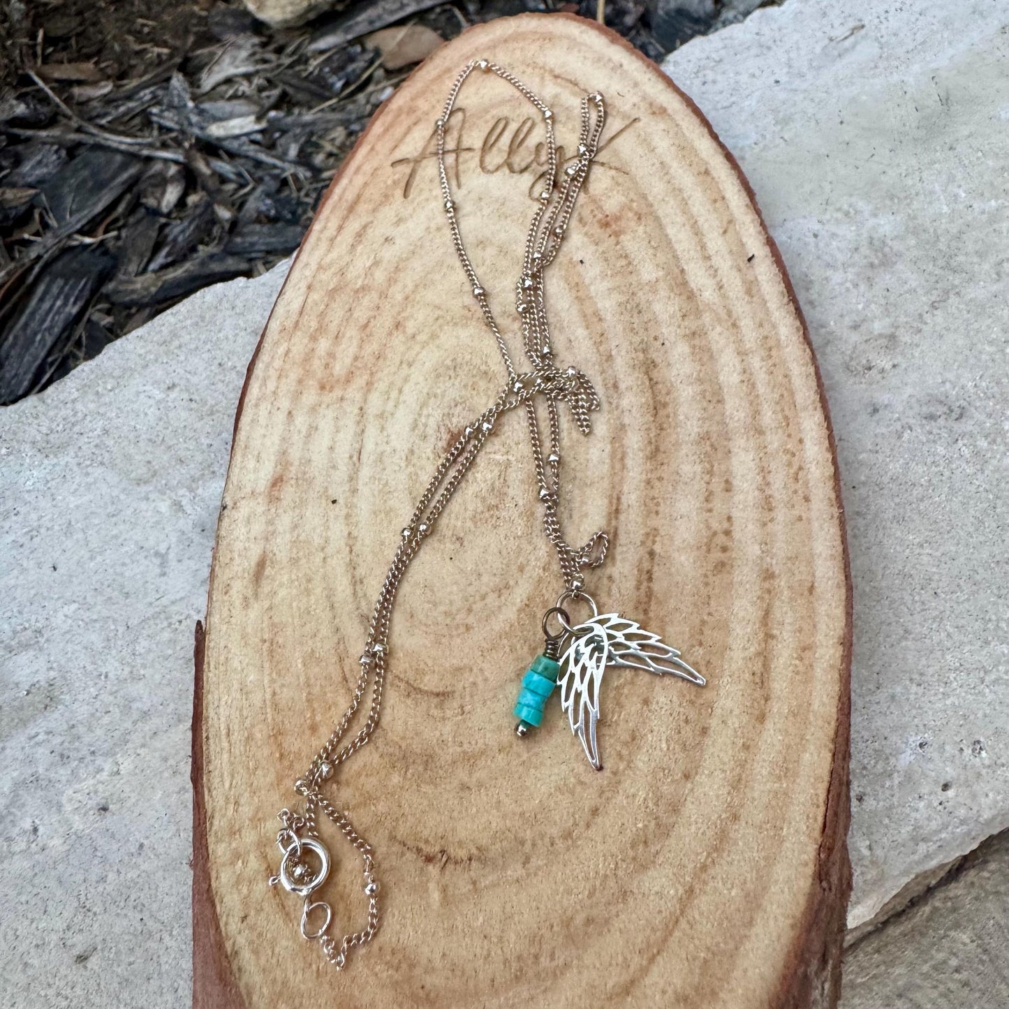 Sterling Silver Angel Wings Necklace: Turquoise Accent, Delicate Charm