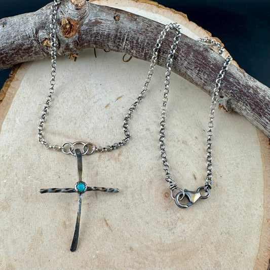 Sterling Silver Cross Pendant Necklace with Turquoise Gemstone Bezel Accent