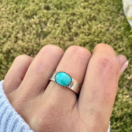 Sterling Silver Kingman Turquoise Bezel Band Ring - Hammered or Smooth Finish