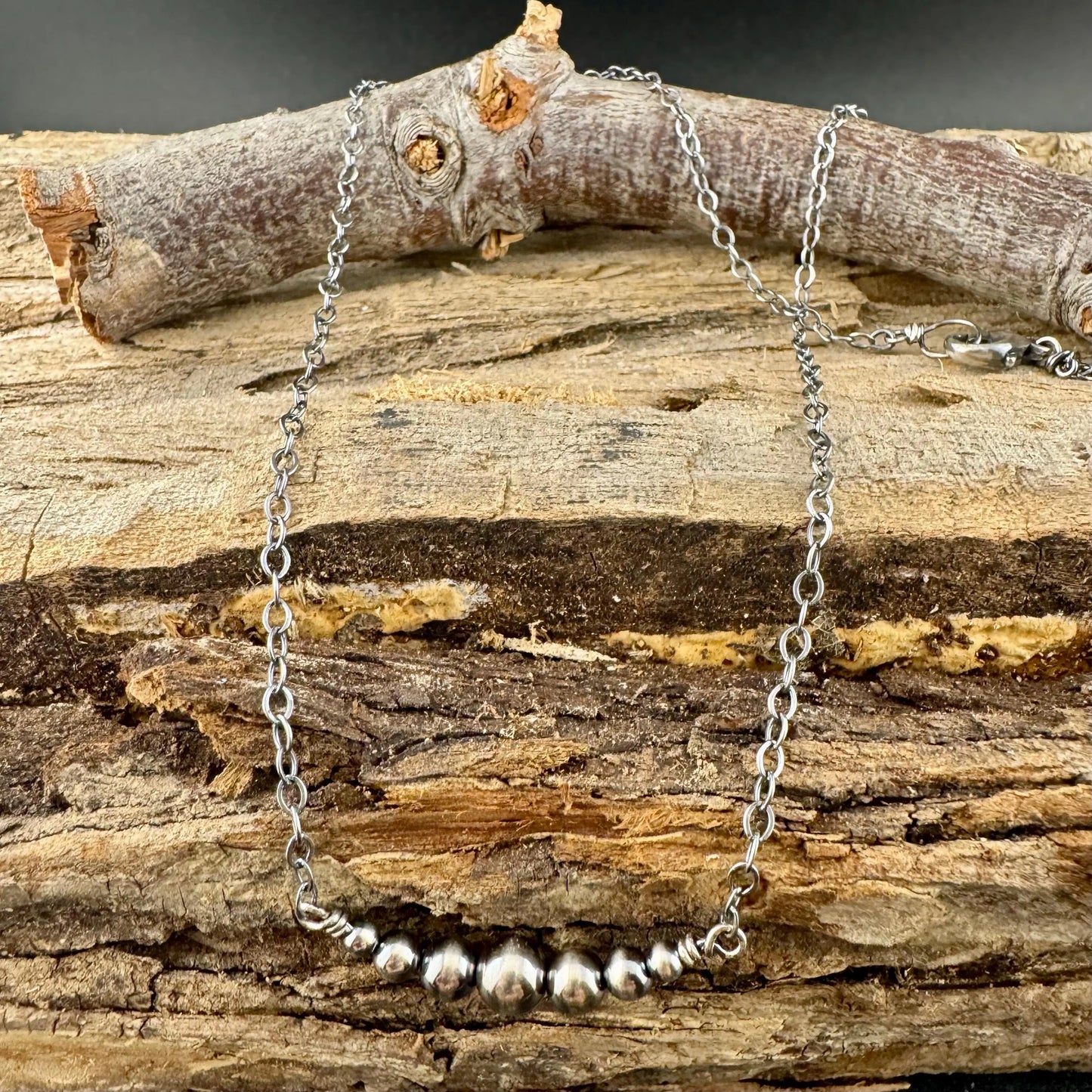 Sterling Silver Navajo Pearl Bar Choker | Dainty Southwestern Necklace | Shiny & Oxidized Chain