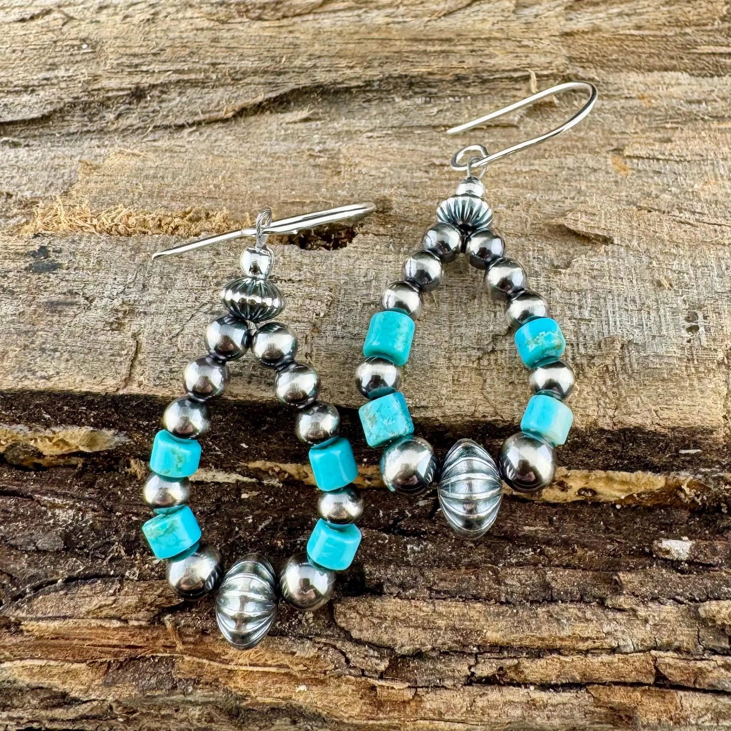 Southwest Style Navajo Pearl Turquoise Teardrop Earrings - Dainty Sterling Silver Dangle Hoops