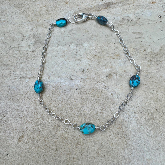 Royston Turquoise Gemstone Bracelet with Sterling Silver Cable Chain