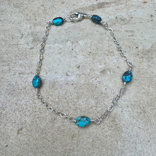 Royston Turquoise Gemstone Bracelet with Sterling Silver Cable Chain