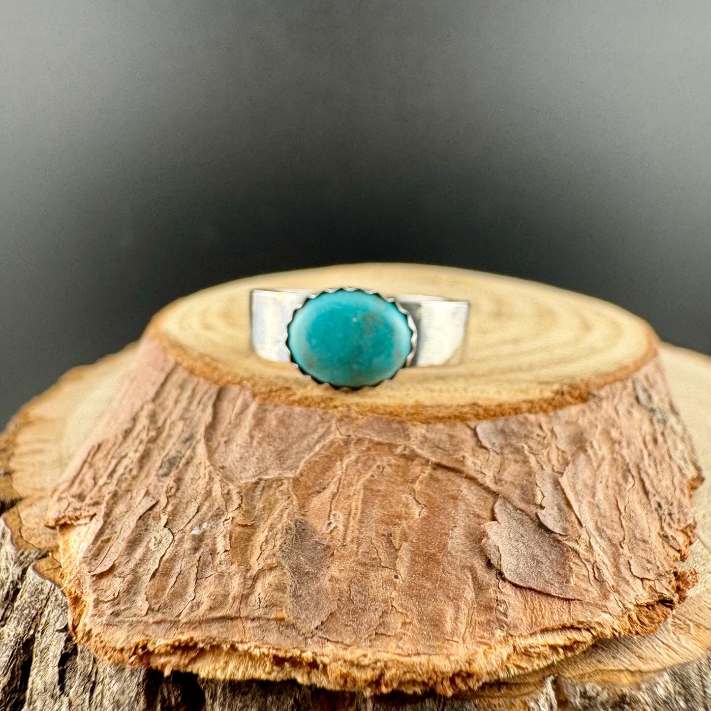 Sterling Silver Kingman Turquoise Bezel Band Ring - Hammered or Smooth Finish
