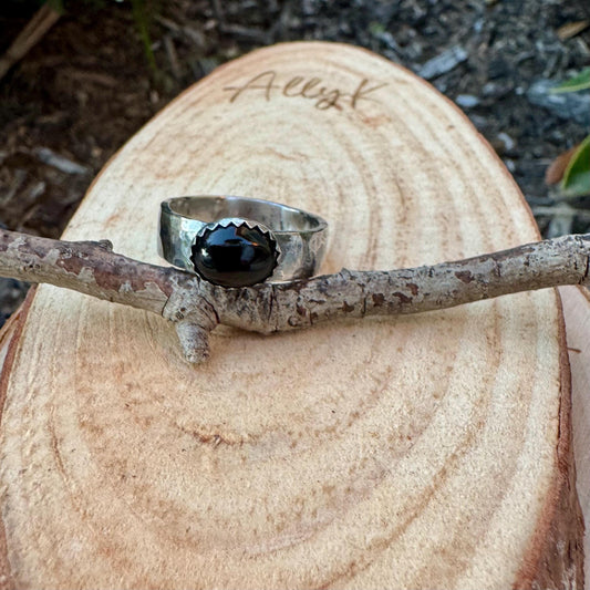 Sterling Silver Onyx Bezel Band Ring - Hammered or Smooth Finish