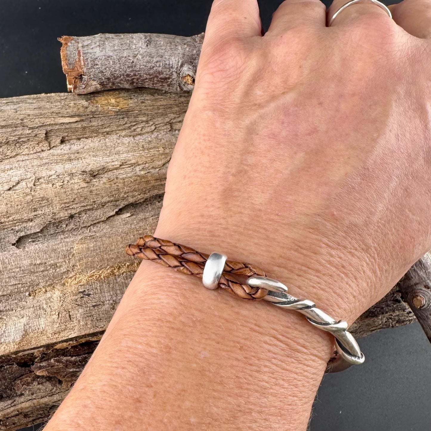 Braided Leather Wrap Bracelet with Silver Half Cuff - Rustic Style in Multiple Colors