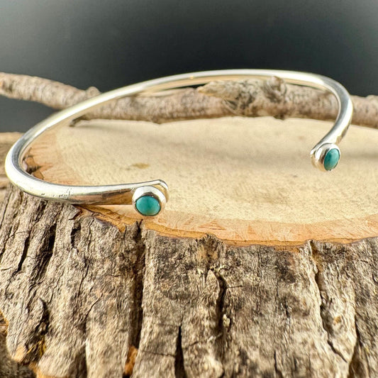 Dainty Sterling Silver Turquoise Cuff Bracelet - 4mm Kingman Double Bezel Reverse Design