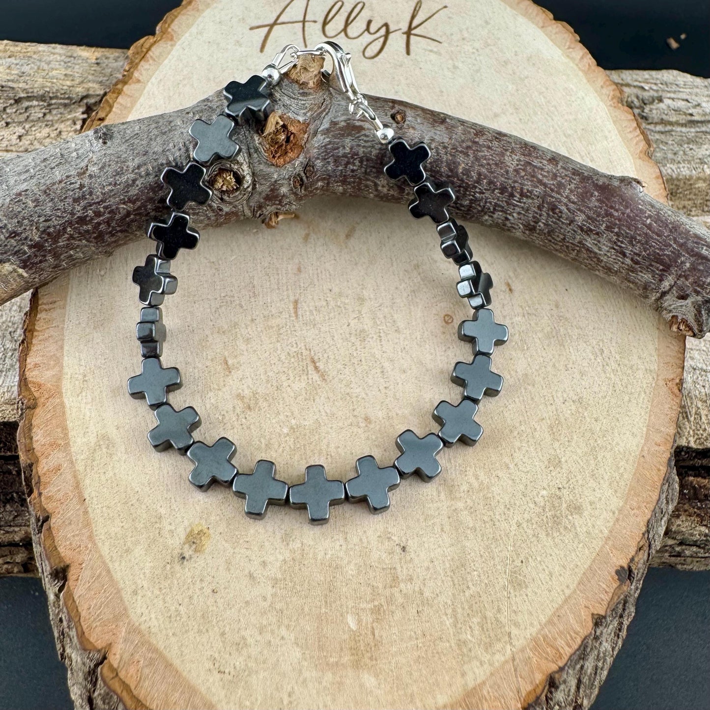 Hematite Cross Bracelet in Sterling Silver | Unisex Grounding Stackable Design