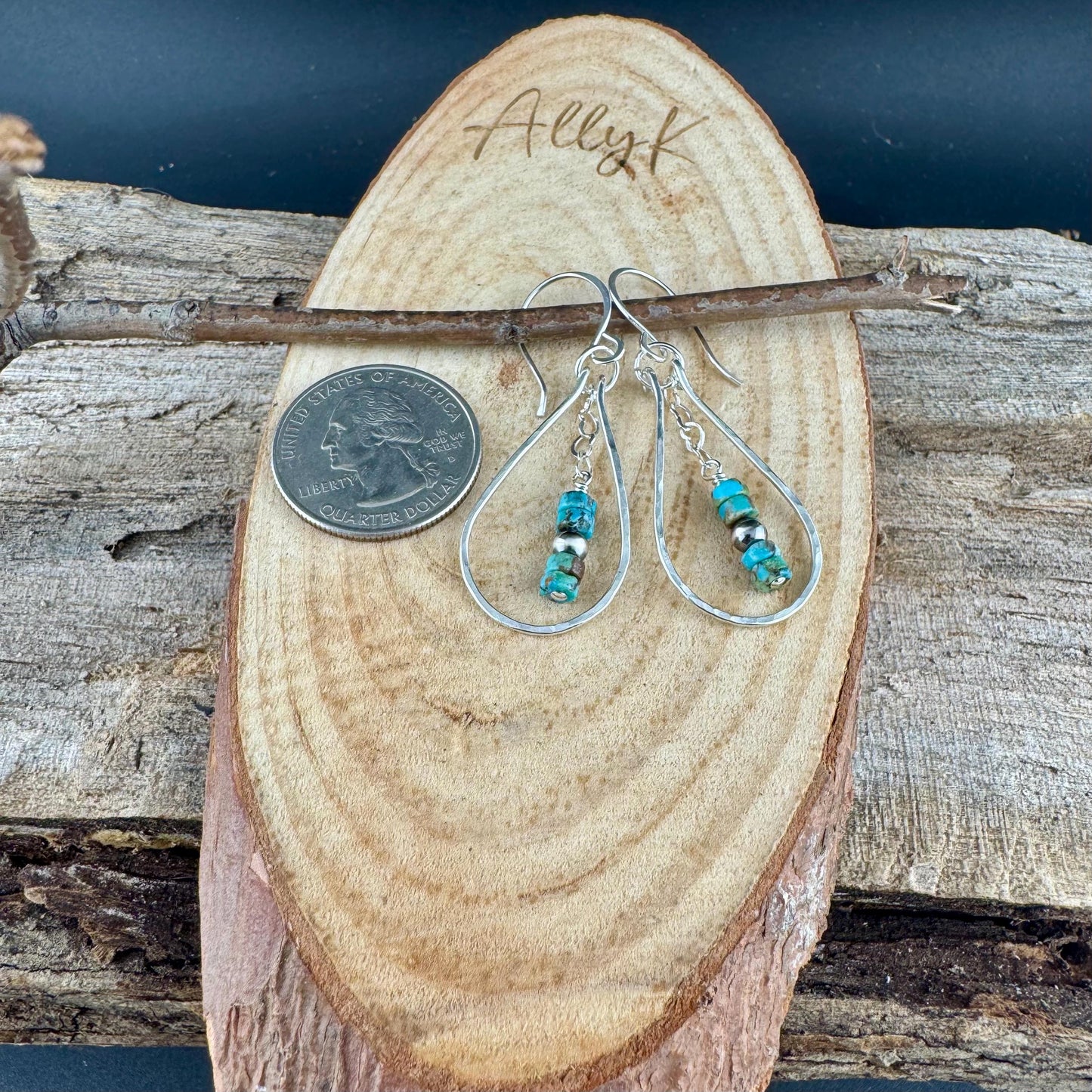 Teardrop Dangle Turquoise Navajo Pearl Earrings | Heart Chain Sterling Silver Jewelry