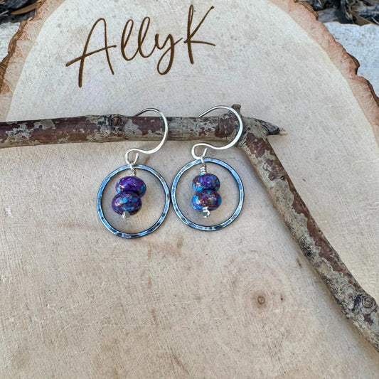 Purple Turquoise Dangle Earrings – Sterling Silver Circles with Spotted Mohave Gemstone