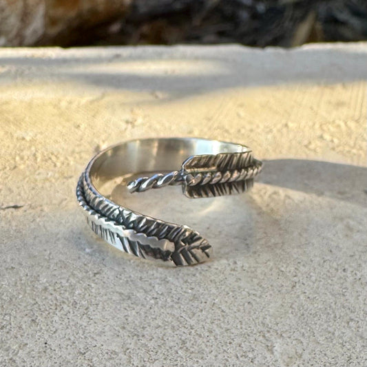 Sterling Silver Feather Wrap Ring • Hand‑Forged Adjustable Guardian Angel Jewelry