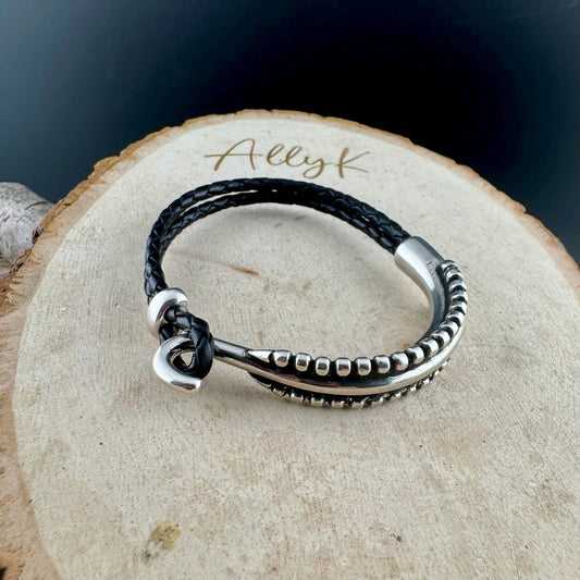 Rustic Braided Leather Wrap Bracelet with Silver Cuff – Brown, Black & White Options