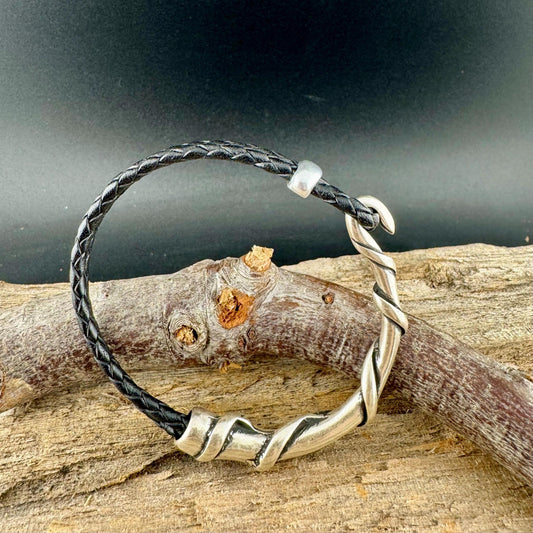 Braided Leather Wrap Bracelet with Silver Half Cuff - Rustic Style in Multiple Colors