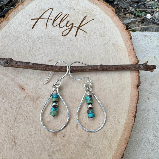 Turquoise Navajo Pearl Teardrop Earrings, Sterling Silver Dangle Teardrop Style
