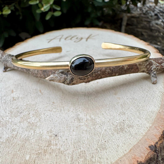 Brass & Onyx Bezel Cuff Bracelet – Adjustable Statement Piece