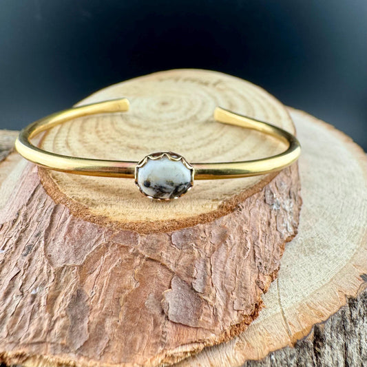 White Buffalo Turquoise Bezel Brass Bracelet – Handmade Adjustable Cuff Jewelry