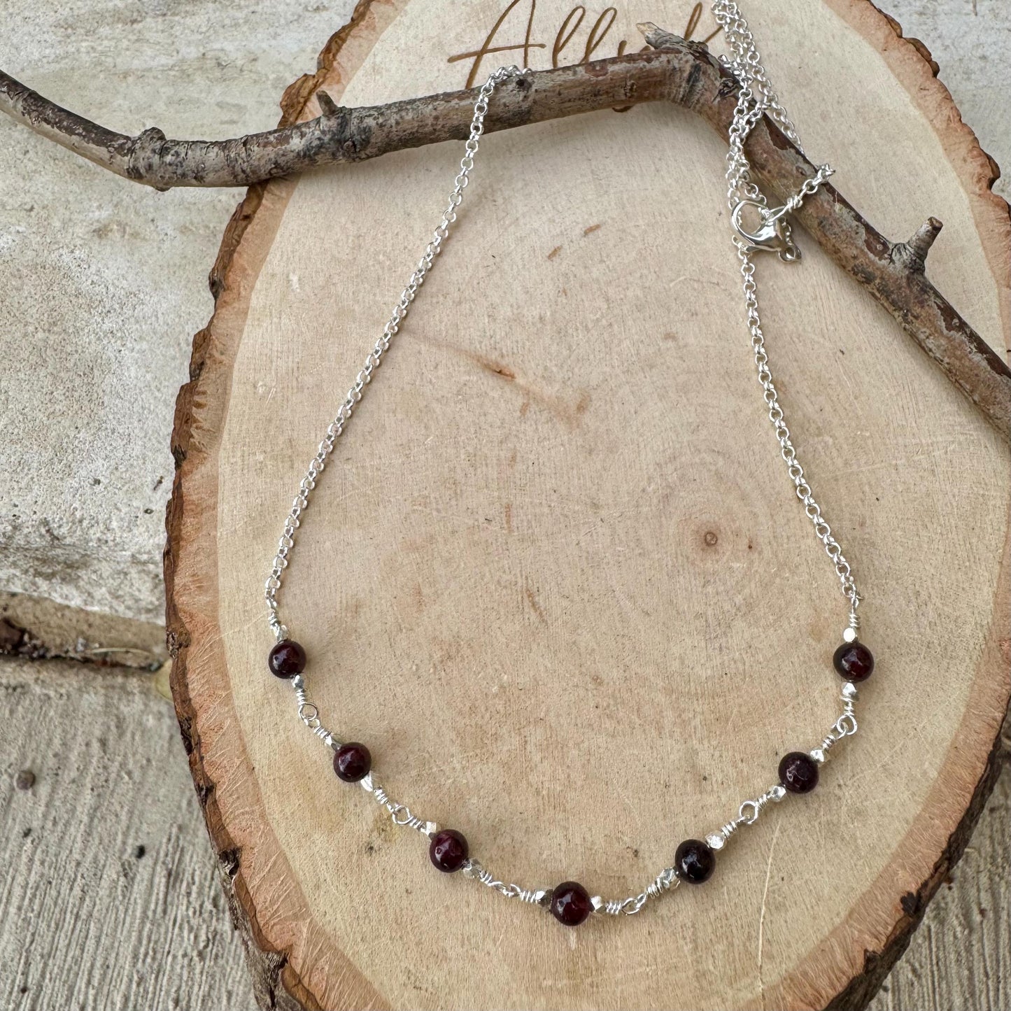Garnet Sterling Silver Chain Bar Necklace, Unique Gemstone Necklace