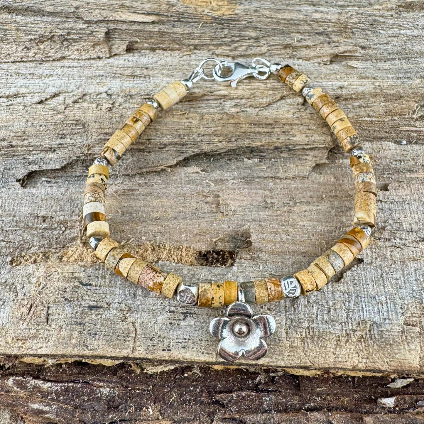Picture Jasper Bracelet with Sterling Silver Flower Charm - Stackable Boho Gemstone Jewelry