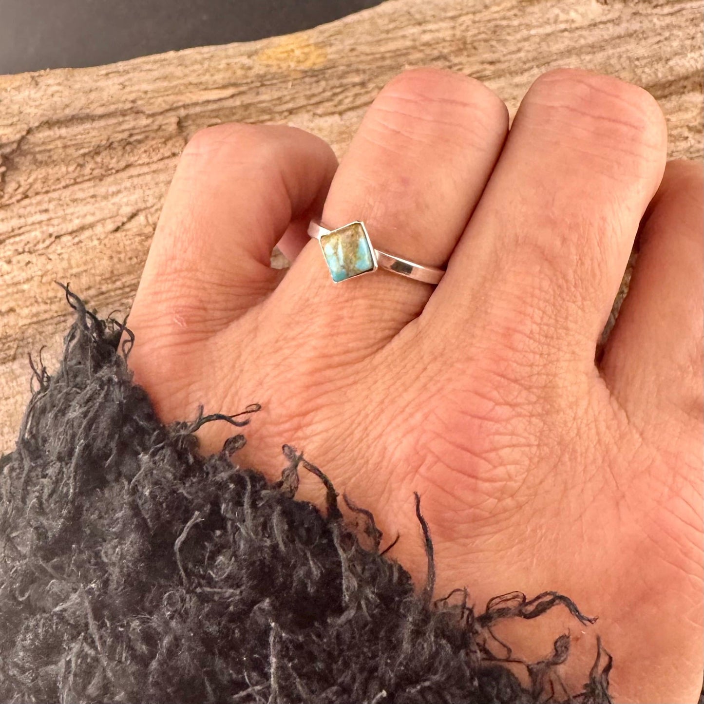 Turquoise Sterling Silver Bezel Band- Hammered & Smooth Finish
