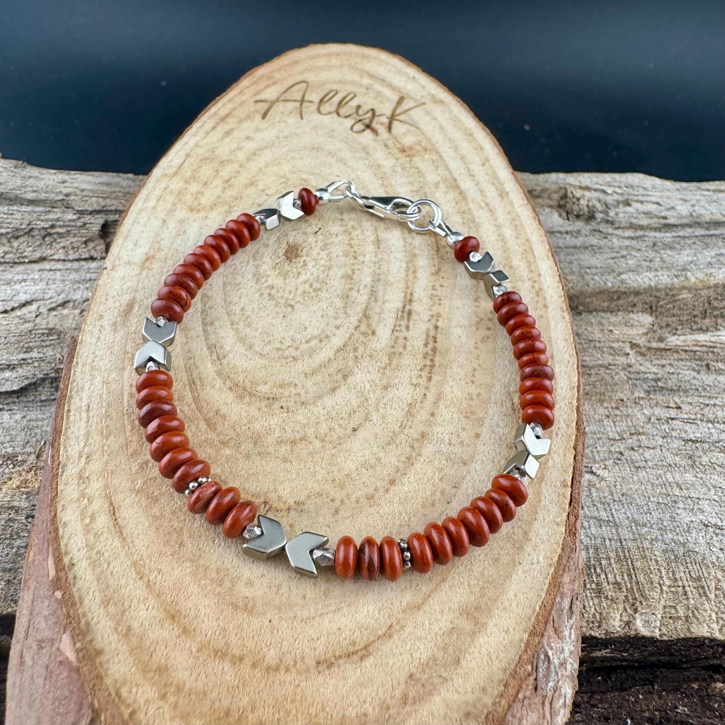 Stackable Red Jasper & Hematite Bracelet – Sterling Silver Beaded Gemstone Accessory