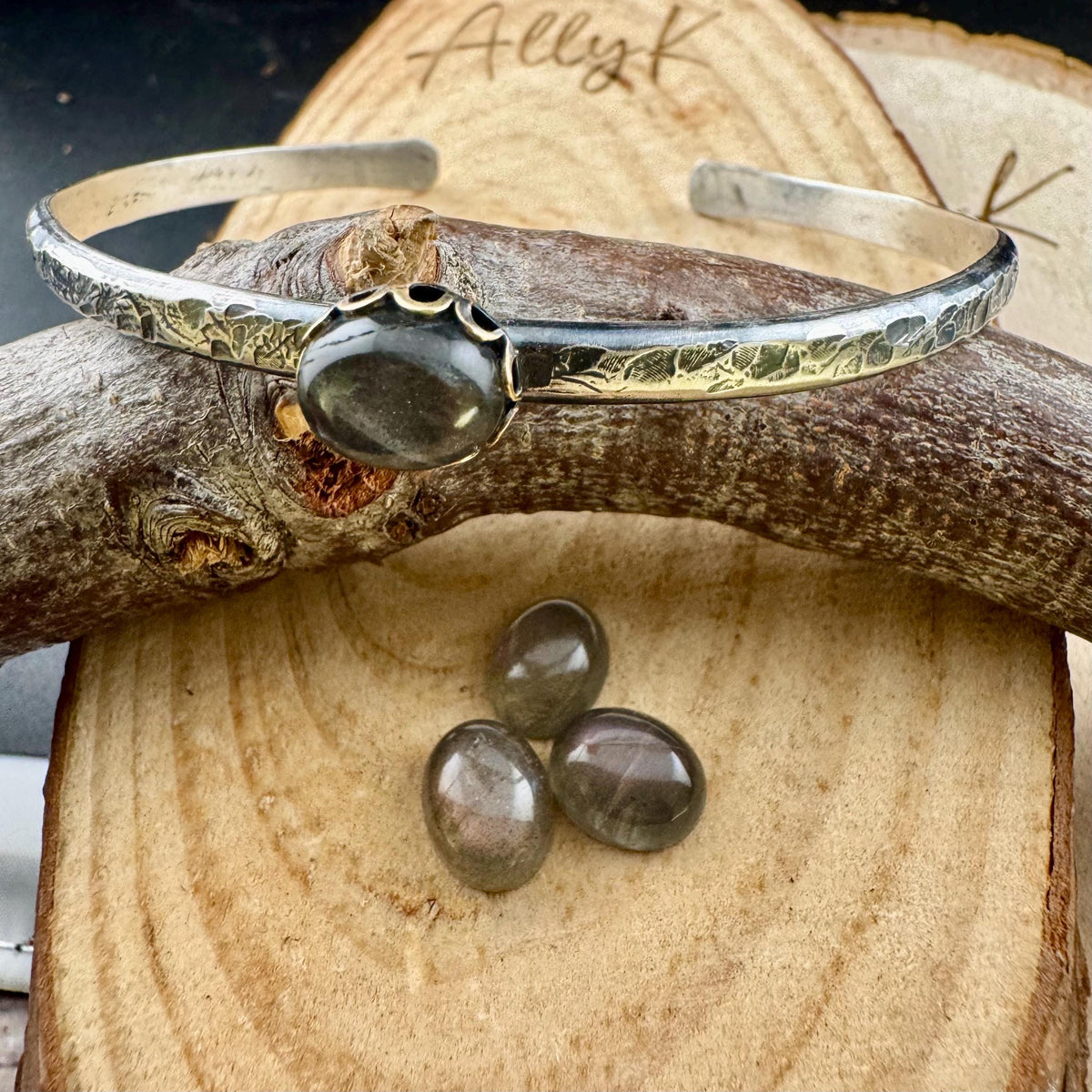 Purple Labradorite Sterling Silver Cuff • Mixed Metal • Hand‑Forged Bracelet