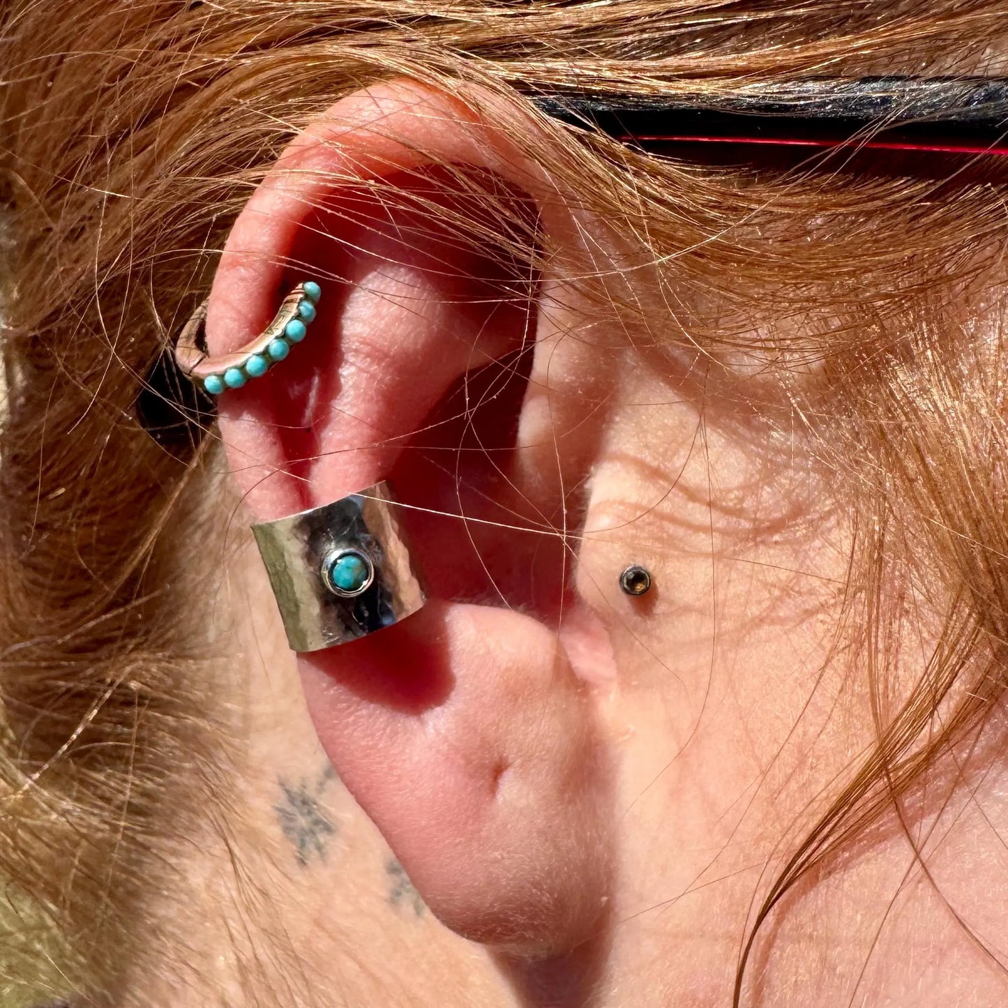 3mm Genuine Turquoise Sterling Silver Ear Cuff | Wide Conch Band | No-Piercing Earring