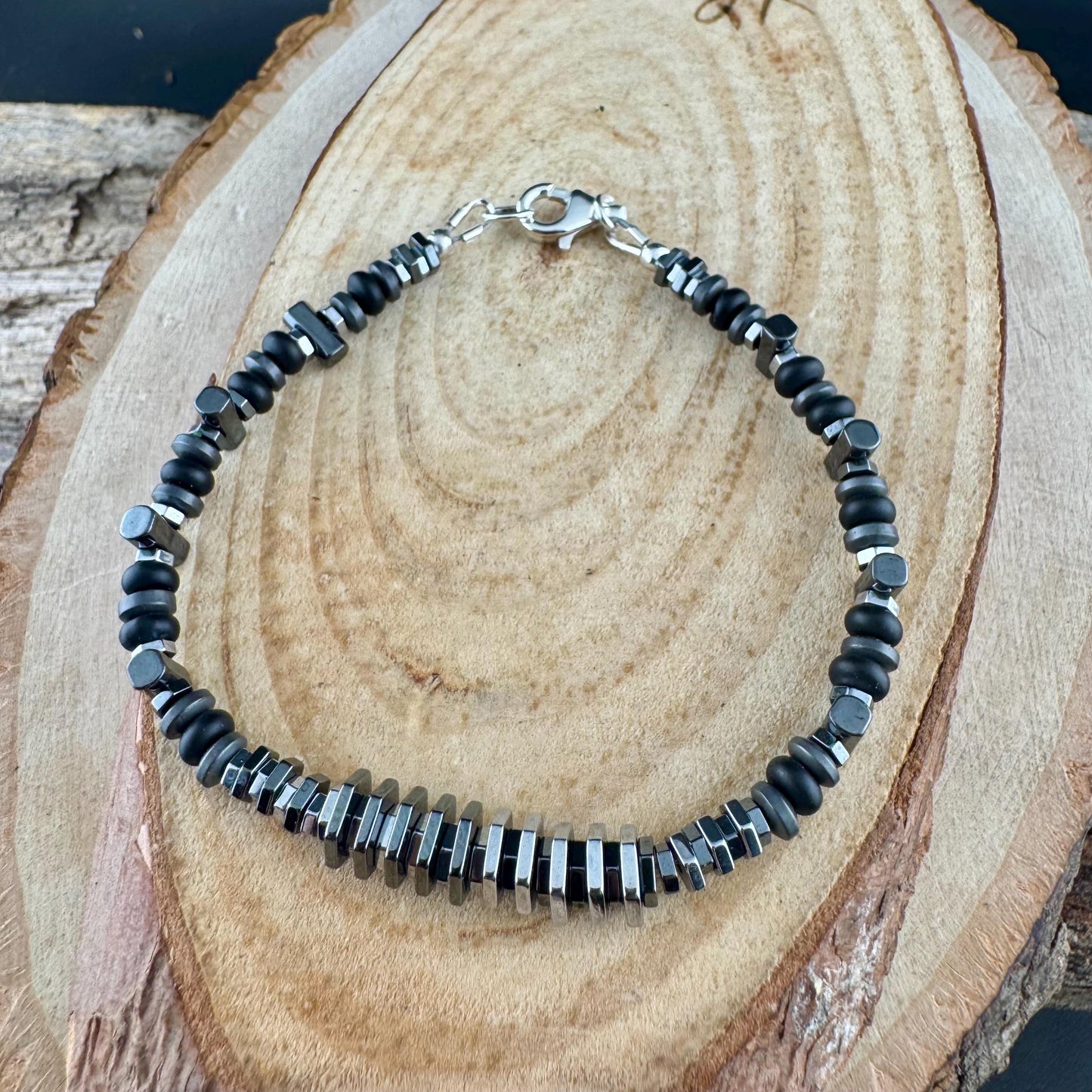 Black Silver Hematite & Onyx Bracelet – Unisex Elegant Unique Sterling Jewelry